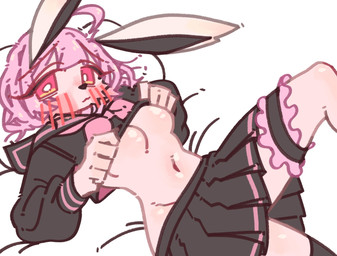 ahoge anthro bangs black_bottomwear black_clothing black_nose black_skirt black_topwear blush blush_lines bottomwear breasts clothing eyelashes female hair long_ears long_eyelashes looking_at_viewer lying medium_breasts medium_hair navel on_back pillow pink_hair pupils skirt small_waist solo topwear topwear_lift white_pillow white_pupils kgs701 lagomorph leporid mammal rabbit colored digital_drawing_(artwork) digital_media_(artwork) hi_res