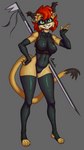 black_clothing breasts brown_body claws clothed clothing ear_piercing ear_ring female green_eyes hair legwear melee_weapon paws piercing red_hair ring_piercing solo stockings sword tan_body tight_clothing weapon sozokuu zelle domestic_cat felid feline felis hybrid lynx mammal 9:16 absurd_res hi_res