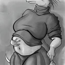 anthro beer_belly belly belly_grab belly_overhang big_belly big_breasts bottle bottomwear breasts clothed clothing clothing_lift container exposed_belly female holding_bottle holding_container holding_object huge_breasts navel non-mammal_breasts non-mammal_navel obscured_face overweight overweight_anthro overweight_female skirt solo sweater sweater_lift thick_thighs tight_clothing topwear turtleneck wide_hips heelipmo scalie 1:1 absurd_res digital_drawing_(artwork) digital_media_(artwork) hi_res monochrome shaded