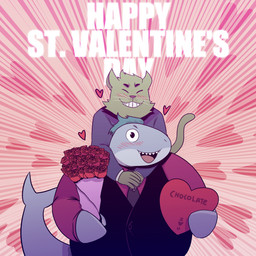 anthro bouquet box box_of_chocolates candy chocolate clothing container dessert duo eyes_closed floating_heart flower flower_bouquet food front_view fur green_body green_fur green_hair grey_body hair happy heart_symbol holding_box holding_container holding_flower holding_object holidays hug hugging_another hugging_from_behind i_love_you male necktie plant shark_tail shirt smile topwear vest whiskers t0l0k valentine's_day isaac_(t0l0k) ted_(t0l0k) aquatic domestic_cat felid feline felis fish mammal shark 1:1 2025 digital_media_(artwork) hi_res