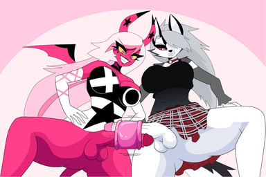 2_horns anthro balls black_body black_fur breasts clothing duo fingers frottage fur genitals glans grey_hair gynomorph gynomorph/gynomorph hair horn humanoid_genitalia humanoid_penis intersex intersex/intersex penile penis penises_touching pink_body pink_eyes pink_skin pupils red_sclera sex sex_toy slit_pupils spread_legs spreading tail teeth white_balls white_body white_eyes white_fur wings yellow_sclera carliabot hellaverse helluva_boss mythology loona_(helluva_boss) verosika_mayday canid canid_demon canine demon hellhound mammal mythological_canine mythological_creature succubus 2026 3:2