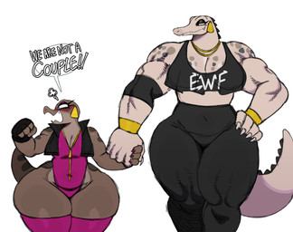 angry anthro blush bra brown_body brown_scales clothing duo eyeshadow female female/female flat_chested hand_holding huge_hips huge_thighs hyper hyper_hips legwear leotard makeup scales speech_bubble sports_bra text thick_thighs tights tsundere underwear wide_hips sssonic2 leona_(sssonic2) pauline_(sssonic2) crocodilian reptile scalie english_text hi_res
