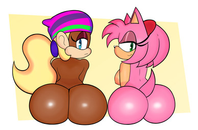 accessory anthro big_butt blonde_hair blue_eyes breasts brown_body brown_fur butt clothing duo female fur green_eyes hair hair_accessory hair_tie hat headband headgear headwear looking_at_viewer looking_back makeup multicolored_body multicolored_fur nipples nude pink_body pink_fur pink_hair pink_tail ponytail rear_view simple_background sitting tail tan_background tan_body tan_fur tied_hair white_background blackmore donkey_kong_(series) nintendo sega sonic_the_hedgehog_(series) amy_rose tiny_kong eulipotyphlan haplorhine hedgehog kong mammal monkey primate 2020 absurd_res digital_drawing_(artwork) digital_media_(artwork) hi_res