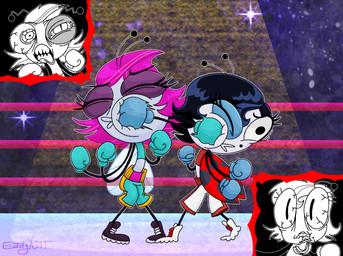 4_arms antennae_(anatomy) anthro black_clothing black_footwear black_hair black_shoes black_spots boxing_gloves boxing_shorts bra clothing duo eyelashes face_punch female fight fighting_ring footwear grey_body grey_skin gut_punch hair handwear insect_wings long_eyelashes midriff mouthguard multi_arm multi_limb pink_hair shoes sports_bra spots spotted_wings tear_trough underwear white_clothing white_footwear white_shoes wings eddy_nat disney the_buzz_on_maggie lacey_ladybug maggie_pesky arthropod beetle cucujoid fly_(animal) insect ladybug hi_res