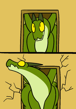ambiguous_gender belly big_belly cracks doorway feral horn nude obese obese_ambiguous obese_feral overweight overweight_ambiguous overweight_feral simple_background solo yellow_eyes trout_(artist) mythology dragon mythological_creature mythological_scalie scalie 2016 aliasing digital_media_(artwork)