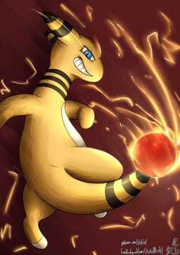 ambiguous_gender attack ball electricity feral gem grin looking_at_viewer pose red_background simple_background smile solo asbiearts conditional_dnp nintendo pokemon ampharos generation_2_pokemon pokemon_(species) 2017 hi_res