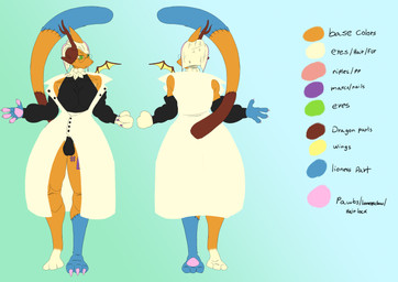 anthro balls balls_outline biped breasts bulge clothed clothing color_swatch detailed_bulge fur genital_outline genitals gynomorph gynomorph_anthro hair horn intersex intersex_anthro penis simple_background solo tail text wings docl64 mythology canid canine chimera dragon felid fox hybrid lion mammal mythological_creature mythological_scalie pantherine scalie absurd_res digital_media_(artwork) english_text hi_res model_sheet