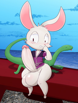 3_toes 4_fingers anthro anthro_focus balls big_balls big_penis black_eyes blep blush bodily_fluids bottomless clothed clothing duo erection feet fingers footwear freckled_face freckles genital_fluids genitals glans green_body green_scales hand_on_face huge_balls huge_penis humanoid_genitalia humanoid_penis hyper hyper_balls hyper_genitalia hyper_penis male male_focus penis pink_glans pink_inner_ear precum purple_clothing purple_robe robe sandals scales sea shoes sitting small_but_hung solo_focus thick_thighs toes tongue tongue_out tuft water wide_hips young young_anthro young_but_hung young_male billmurray usagi_yojimbo jotaro_usagi dinosaur prehistoric_species reptile scalie tokage_(usagi_yojimbo) 2026 absurd_res hi_res
