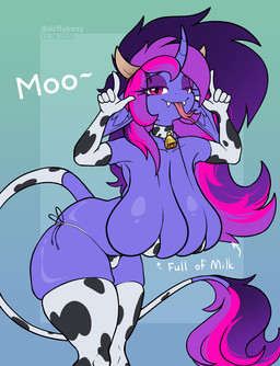 anthro belly big_breasts breasts cow_suit curved_horn female female_anthro horn huge_breasts solo tongue tongue_out unicorn_horn airfly-pony elepatrium_universe miranda_(airfly-pony) 2026 hi_res