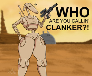 angry antennae_(anatomy) anthro blaster femboy gun hand_on_hip looking_at_viewer machine male ranged_weapon solo standing text thick_thighs weapon good4life4ever star_wars b1_battle_droid battle_droid robot hi_res meme