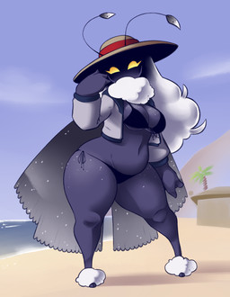 antennae_(anatomy) anthro beach bikini biped blue_body breasts clothed clothing cropped_jacket detailed_background feet female fluffy_feet glowing glowing_eyes hair hat headgear headwear hip_sway huge_hips huge_thighs insect_wings jacket long_hair looking_at_viewer navel non-mammal_breasts non-mammal_navel open_clothing open_jacket open_topwear pose ruff slightly_chubby small_feet solo sun_hat swimwear thick_thighs topwear two-piece_swimsuit voluptuous_female white_hair wide_hips wings dorian-bc moff_(justanothermonstergirl) arthropod insect lepidopteran moth 2020 hi_res