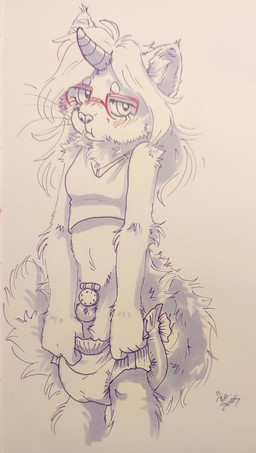 1_horn 5_fingers anthro balls blush blush_lines bra chastity_cage chastity_device cheek_tuft clean_diaper clothed clothing diaper diaper_down diaper_pull eyewear facial_tuft fingers flat_chastity_cage fluffy fluffy_tail genitals glasses gynomorph hair horn inner_ear_fluff intersex long_hair looking_at_viewer midriff partially_clothed penis presenting presenting_penis pull-ups_(diaper) red_eyewear red_glasses solo sports_bra standing tail tuft underwear underwear_down unicorn_horn brevity polaris_(smolcat) domestic_cat felid feline felis mammal 2025 hi_res portrait sketch spot_color three-quarter_portrait traditional_media_(artwork) nonbinary_(lore) trans_(lore) trans_woman_(lore)