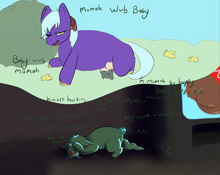 ambiguous_feral ambiguous_gender baby_talk blue_hair blue_tail bodily_fluids breastfeeding covering covering_eyes covering_face crotch_breasts crying dialogue emaciated featureless_feet featureless_hands feet female female_feral feral flower fur grass green_body green_fur green_tail grey_body grey_fur grief hair hooves memory neonate nipples one_eye_closed plant purple_body purple_fur quadruped red_bow sad shrub sky tail teal_hair teal_tail tears text wink yellow_eyes young young_ambiguous young_feral julie_(artist) fluffy_pony fluffy_pony_(species) mammal digital_media_(artwork) english_description english_text