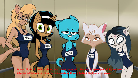 abstract_background anthro bedroom_eyes big_breasts black_hair blonde_hair blue_body blue_fur blue_hair blue_one-piece_swimsuit breast_size_difference breasts brown_body brown_eyes brown_fur cleavage clothed clothing dialogue eyelashes fangs female fluffy fluffy_tail fur green_eyes group hair hand_on_hip hand_on_own_hip long_hair long_tail looking_at_viewer mature_anthro mature_female multicolored_body multicolored_fur multicolored_hair narrowed_eyes one-piece_swimsuit parody pupils school_swimsuit seductive slit_pupils smile snaggle_tooth swimwear tail tan_body tan_fur teeth text two_tone_body two_tone_fur white_body white_fur mateora cartoon_hangover cartoon_network cat_planet_cuties cats_don't_dance hanna-barbera nickelodeon swat_kats t.u.f.f._puppy the_amazing_world_of_gumball the_summoning warner_brothers callie_briggs claire_(the_summoning) kitty_katswell nicole_watterson sawyer_(cats_don't_dance) domestic_cat felid feline felis mammal 16:9 2025 crossover digital_drawing_(artwork) digital_media_(artwork) english_text hi_res widescreen