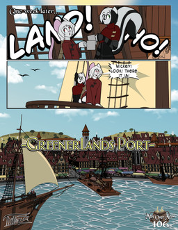 anthro arm_warmers armwear asian_clothing black_body black_fur braided_hair braided_ponytail building chinese_clothing clothing cloud dialogue duo east_asian_clothing fur green_eyes hair hill leaning_on_object male male/male ponytail red_eyes seaside ship shirt smoke sun text topwear tower town tunic vehicle watercraft white_body white_fur thibbycat mickey_(thibbycat) xin_(thibbycat) mammal mephitid mouse murid murine rodent skunk comic english_text hi_res