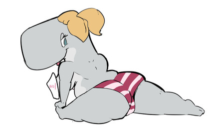 anthro blonde_hair blue_eyes breasts butt clothed clothing female hair panties ponytail simple_background slightly_chubby solo thick_thighs topless underwear white_background unknown_artist nickelodeon spongebob_squarepants pearl_krabs aquatic cetacean mammal physeteroid sperm_whale toothed_whale whale