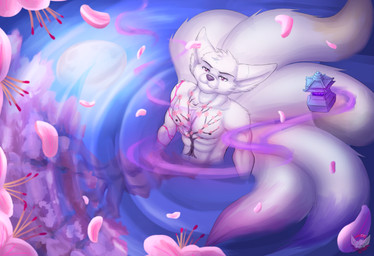 anthro black_nipples cherry_blossom cherry_blossom_tree cherry_tree flower fruit_tree fur lake lamp looking_at_viewer male moon multi_tail muscular nipples pink_eyes plant prunus_(flower) reflection sakura_petals solo tail tattoo tree white_body white_fur fennephilim_fox canid canine fennec_fox fox mammal true_fox hi_res