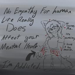 anthro apathetic blood_on_arm blush blush_lines bottomwear clothing cutting cutting_self delusional dialogue directional_arrow female fist gore gradient_background hair heart_eyes heart_nose heart_symbol holding_blade kneeling long_hair looking_aside pupils razor self-harm simple_background small_pupils smile solo text tools topwear vent_art toastd hexa_(toastd) hyena mammal 1:1 english_text hi_res