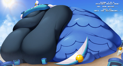 armor belly big_belly big_breasts blue_sky breasts female headgear helmet huge_belly melee_weapon morbidly_obese obese overweight polearm sky solo split_form text trident weapon shweetmagnet capcom mega_man_(series) megaman_(classic) splash_woman aquatic merfolk robot_master 2026 absurd_res hi_res