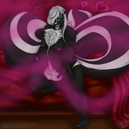 anthro bed bedding bedroom_eyes blanket chest_tuft clothing eyewear furniture glasses glowing glowing_eyes hand_outstretched inviting looking_at_viewer magic male musk narrowed_eyes nipples overweight pink_smoke pubes seductive skunk_spray skunk_tail slightly_chubby smoke solo tuft underwear fledgedragonfox grey_(fledgedragonfox) mammal mephitid skunk 1:1