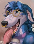 ambiguous_gender ambiguous_penetrated anthro anthro_penetrated bell bell_collar blue_body blue_eyes blue_fur bodily_fluids collar cum cum_in_mouth cum_inside cum_on_face disembodied_penis duo eyewear facial_piercing fangs floppy_ears fur genital_fluids genitals glasses gold_(metal) gold_tooth humanoid_genitalia humanoid_penis long_snout male male/ambiguous male_penetrating male_penetrating_ambiguous nose_piercing nose_ring penetration penis piercing ring_piercing round_glasses sex snout teeth juiceps canid canine canis domestic_dog mammal headshot_portrait hi_res portrait