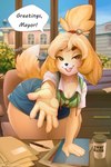 anthro bedroom_eyes bent_over big_breasts black_nose breasts buckteeth cardigan cleavage clothed clothing curvy_figure dialogue female hair half-closed_eyes inside looking_at_viewer narrowed_eyes office open_mouth pose seductive solo teeth text thick_thighs voluptuous wide_hips iskra animal_crossing nintendo isabelle_(animal_crossing) canid canine canis domestic_dog mammal shih_tzu toy_dog 2017 2:3 digital_media_(artwork) english_text pinup shaded