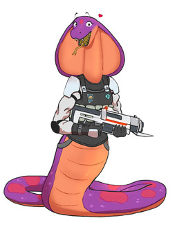 anthro apode clothed clothing combat_gear countershading elbow_pads fangs female forked_tongue gloves gun handwear heart_symbol holding_object holding_weapon legless long_neck looking_at_viewer multicolored_body open_mouth purple_body ranged_weapon serpentine shoulder_pads simple_background snake_hood solo spots teeth tongue topwear two_tone_body vest weapon white_background gud x-com keeshee cobra draconcopode lamarian naga reptile scalie snake viper_(x-com) hi_res