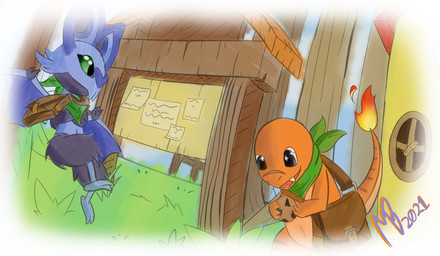 bat_wings big_ears blue_body blue_fur blue_sky blue_wings board building bulletin_board claws clothing cloud cookie day duo facial_scar fangs female feral fingers fire flaming_tail food fur grass green_eyes information_board kerchief male membrane_(anatomy) membranous_wings open_mouth orange_body orange_scales orange_skin outside paper plant satchel scales scar scarf sky smile stripes tail teeth tree wings moonbane_(artist) mythology nintendo pokemon pokemon_mystery_dungeon spike_chunsoft hyrix pax bat charmander dragon generation_1_pokemon generation_6_pokemon lizard mammal mythological_creature mythological_scalie noibat pokemon_(species) reptile scalie digital_media_(artwork)
