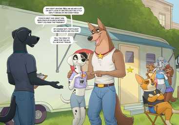 anthro arm_tuft badge barefoot belt biped black_body black_clothing black_eyebrows black_eyes black_nose black_shirt black_spots black_t-shirt black_text black_topwear blue_bottomwear blue_clothing blue_collar blue_jeans blue_pants blue_shorts blue_sky blue_topwear bottomwear brown_belt brown_body brown_hair building chair claws clipboard closed_smile clothed clothed_anthro clothed_female clothed_male clothing collar countershade_face countershade_neck countershade_torso countershading crop_top crossed_legs day denim denim_bottomwear denim_clothing dialogue director's_chair eye_contact eyebrows fangirl fangirling feet female female_anthro finger_claws floppy_ears fully_clothed fully_clothed_anthro fully_clothed_female fully_clothed_male furniture gesture gloves_(marking) grey_bottomwear grey_clothing grey_eyebrows grey_hair grey_nose grey_shirt grey_topwear grey_tuft grin group hair hand_gesture hand_on_another's_shoulder hand_on_shoulder jeans larger_anthro larger_female larger_male leg_markings linked_speech_bubble looking_at_another looking_down looking_down_at_another looking_up looking_up_at_another male male_anthro male_focus markings midriff mouth_closed multicolored_body narrowed_eyes neck_tuft on_chair open_mouth open_smile orange_body outside pants pink_clothing pink_nose pink_tongue pink_topwear pockets pointing pointing_at_another pointy_ears prick_ears purple_bottomwear purple_clothing purple_crop_top purple_shirt purple_skirt purple_t-shirt purple_topwear raised_eyebrow shirt shorts sitting sitting_on_chair size_difference skirt sky slim slim_anthro slim_female slim_male smaller_anthro smaller_female smaller_male smile smiling_at_another socks_(marking) speech_bubble spots spotted_body standing t-shirt tail talking_to_another tan_body tan_countershading tan_markings tan_tuft tank_top teeth text tight_bottomwear tight_clothing tight_shorts tongue tongue_out topwear trailer_(vehicle) tuft white_body white_clothing white_sclera white_shirt white_tank_top white_topwear wrist_tuft young zaush 101_dalmatians disney li'l_lightning patch_(101_dalmatians) thunderbolt's_fans thunderbolt_(101_dalmatians) bird_dog canid canine canis dalmatian domestic_dog german_shepherd herding_dog hunting_dog labrador mammal pastoral_dog poodle retriever welsh_corgi 2025 colored digital_drawing_(artwork) digital_media_(artwork) english_description english_text shaded