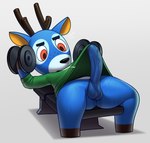 anthro antlers black_nose blue_body blue_fur bodily_fluids bottomless bottomless_anthro bottomless_male butt clothed clothing erection exercise fur genitals green_clothing green_shirt green_topwear holding_weights horn humanoid_genitalia humanoid_penis male penis red_eyes shirt simple_background solo sweat sweaty_butt sweaty_legs tenting topwear vein veiny_penis weightlifting white_background workout chipchell animal_crossing nintendo bam_(animal_crossing) deer mammal 2025 hi_res