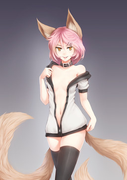 2_tails 5_fingers accessory animal_ears animal_tail belt_collar biped black_clothing black_collar black_eyebrows black_jacket black_legwear black_thigh_highs black_topwear breasts brown_pupils buckle buckled_collar closed_smile clothed clothed_female clothed_humanoid clothing collar eyebrows female female_humanoid fingers fox_ears fox_tail fur furry_ears furry_tail gradient_background grey_background hair hair_accessory hair_between_eyes hairclip iris jacket legwear light_body light_skin long_tail looking_at_viewer medium_hair mouth_closed multi_tail multicolored_clothing multicolored_topwear navel no_bra off_shoulder open_clothing open_jacket open_topwear pink_hair pink_tongue pose pupils shirtless shirtless_female shirtless_humanoid short_hair short_sleeves simple_background slim slim_female slim_humanoid small_breasts smile smiling_at_viewer solo tail tan_body tan_fur tan_skin thigh_highs tongue tongue_out topwear two_tone_clothing two_tone_jacket two_tone_topwear unzipped unzipped_jacket white_clothing white_jacket white_sclera white_topwear yellow_eyes zipper ricegnat animal_humanoid canid canid_humanoid canine canine_humanoid fox fox_humanoid humanoid hybrid mammal mammal_humanoid tailed_humanoid hi_res pinup portrait shaded three-quarter_portrait