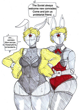 bodily_fluids breast_out breasts bunny_costume clothed clothing costume cropped_jacket duo embarrassed exposed_breasts fake_ears fake_rabbit_ears featureless_face female highleg jacket leotard machine open_clothing open_jacket open_topwear scut_tail short_tail sweat tail text topwear anonhistory atomic_heart left_(atomic_heart) right_(atomic_heart) android humanoid robot robot_humanoid 2023 graphite_(artwork) hi_res russian_text traditional_media_(artwork) translated