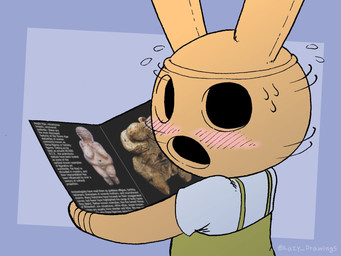 anthro blush blush_lines bodily_fluids brown_body brown_ears clothed clothing embarrassed empty_eyes female green_clothing green_overalls grey_clothing grey_shirt grey_t-shirt grey_topwear holding_object long_ears looking_at_viewer looking_back overalls shirt solo sweat t-shirt text topwear achromasloth animal_crossing nintendo coco_(animal_crossing) venus_of_willendorf gyroid lagomorph leporid mammal rabbit 2020 artist_name digital_media_(artwork)