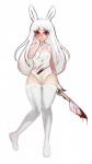 2014 animal_humanoid blood bodily_fluids clothed clothing corset creepy female hair hi_res humanoid knife lagomorph lagomorph_humanoid legwear leporid_humanoid lingerie long_hair looking_at_viewer mammal mammal_humanoid picorna rabbit_humanoid red_eyes satin_(character) simple_background smile solo standing stockings thigh_highs topwear white_background white_hair yandere