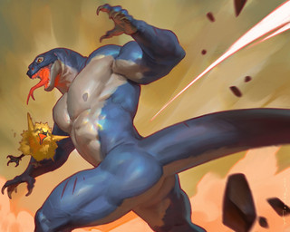 5_fingers ambiguous_gender anthro biceps blue_body butt claws duo fingers larger_male male muscular muscular_anthro muscular_arms muscular_male nipples nude open_mouth scales simple_background size_difference smaller_ambiguous solo tail teeth tongue yellow_body taran_fiddler mythology ogin_(taran_fiddler) avian bird dragon fish komodo_dragon lizard marine monitor_lizard mythological_creature mythological_scalie reptile scalie 2025 digital_media_(artwork) digital_painting_(artwork) hi_res painting_(artwork)