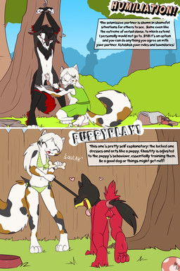 animal_mask arms_above_head balls bikini bound chastity_cage chastity_device clothed clothing dialogue dress duo female fully_clothed genitals male mask nude outdoor_nudity outside penis pup_mask standing swimwear text two-piece_swimsuit undressing_another fuf selene_blackcat calico_cat canid canine domestic_cat felid feline felis fox mammal comic english_text hi_res