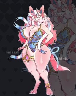 anthro anthrofied belt big_breasts blue_eyes bottomwear breasts clothed clothed_female clothing curly_hair dnd5e female furgonomics gold_(metal) hair huge_breasts magic magic_user navel overweight overweight_anthro overweight_female piercing pink_body pokemorph pose ribbons ring_piercing solo swimwear tail tall tattoo topwear wide_hips massshinka mythology nintendo pokemon fan_character eeveelution generation_6_pokemon pokemon_(species) sylveon absurd_res hi_res