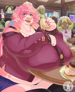 accessory anthro bare_shoulders big_breasts black_body black_skin blue_ribbon bread breast_rest breasts clothing eating female food furniture green_eyes green_hair group hair hair_accessory hair_ribbon holding_food holding_object horn huge_breasts hyper hyper_breasts inside looking_at_viewer maid_headdress maid_uniform midriff open_mouth overweight overweight_female pink_body pink_hair pink_skin ribbons sitting smile solo_focus table uniform white_body white_skin sasanoha6011 yuzuriha_(sasanoha6011) bovid caprine domestic_pig fairy mammal sheep suid suine sus_(pig) absurd_res hi_res