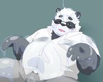 anthro belly big_belly black_body black_nose blush bottomwear clothing eyewear glasses humanoid_hands kemono male one_eye_closed overweight overweight_male pants shirt solo topwear white_body inunoshippo vtuber sasayama_akira bear giant_panda mammal 2022 5:4 hi_res