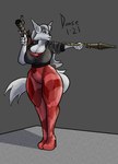 anthro big_breasts blue_eyes bodysuit breasts cleavage clothed clothing curvy_figure eyelashes female fingers footwear fur grey_background hair high_heels hourglass_figure huge_breasts inner_ear_fluff jacket looking_aside ranged_weapon rocket_launcher rpg-7 shoes simple_background skinsuit solo thick_thighs tight_clothing topwear tuft voluptuous weapon white_body white_fur white_hair wide_hips duase rasa_(duase) canid canine canis mammal wolf 2021 artist_name digital_media_(artwork) hi_res