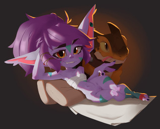 ambiguous_gender big_ears bottomless breasts chest_wraps clothed clothing duo ear_piercing eyelashes female feral fur genitals grey_background hair hand_behind_head humanoid_pointy_ears looking_at_viewer lying navel on_side orange_eyes piercing pointy_ears purple_body purple_fur purple_hair simple_background skinny_female slim small_breasts smile thick_thighs vulva wide_hips wraps bunnysk league_of_legends mythology riot_games tencent tristana_(lol) dragon humanoid mythological_creature mythological_scalie scalie yordle absurd_res hi_res