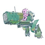 ambiguous_gender anthro biped black_eyes cog gun looking_at_viewer machine mecha nude piloting_vehicle pink_body ranged_weapon rust simple_background sitting smile solo tank_(container) vehicle weapon white_background wire boarboy domestic_cat felid feline felis mammal 1:1 hi_res