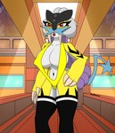 anthro big_breasts breasts clothing female front_view fur generation_2_pokemon hand_on_hip hi_res humanoid legendary_pokemon legwear looking_at_viewer nintendo panties pokemon pokemon_(species) raikou samrunner solo thick_thighs underwear
