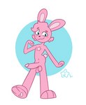 anthro balls blue_eyes blush erection feet fur genitals hair hindpaw looking_at_viewer male nude pawpads paws penis pink_body pink_fur pink_hair simple_background smile solo jbun07 jasbun lagomorph leporid mammal rabbit digital_media_(artwork)