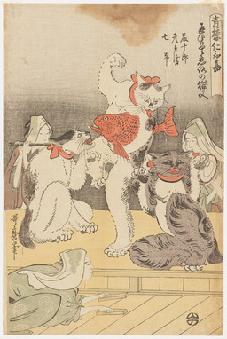 ambiguous_anthro ambiguous_gender ambiguous_human anthro asian_clothing biped carrying_another clothed clothed_ambiguous clothed_human clothing dancing dorsal_fin east_asian_clothing feral fin flute fur group humanoid_hands japanese_clothing kerchief kerchief_only kimono musical_instrument paws playing_music predator/prey print_clothing scales semi-anthro simple_background sitting sitting_on_ground standing tail tail_fin text tongue tongue_out veil whiskers wind_instrument woodwind_instrument kitagawa_utamaro aquatic domestic_cat felid feline felis fish human mammal 18th_century absurd_res ancient_art hi_res japanese_text traditional_media_(artwork)