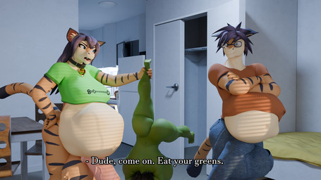 animal_genitalia animal_penis anthro balls bell bell_collar big_balls big_bulge big_penis blue_eyes blue_hair bottomless bottomwear bulge clothed clothing collar digit_ring equine_genitalia equine_penis eyewear female fur genitals glasses group gynomorph hair huge_balls huge_bulge huge_penis hyper hyper_balls hyper_genitalia hyper_penis inside intersex jewelry male orange_body orange_fur pants penis ring stripes tail trio vein veiny_penis vore wedding_ring mrmeatlovers alex_(mrmeatlovers) julia_(mrmeatlovers) felid goblin mammal pantherine tiger 16:9 hi_res widescreen
