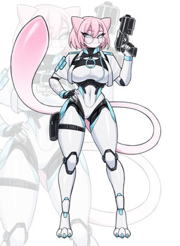 3_toes 5_fingers anthro big_breasts blue_claws blue_eyes bottomless breasts claws clothed clothing cropped_jacket cybernetics eyelashes eyewear feet female fingers front_view glasses gun hair hair_between_eyes hand_on_hip holding_gun holding_object holding_ranged_weapon holding_weapon jacket long_eyelashes long_tail looking_away machine navel open_clothing open_jacket open_topwear pink_hair ranged_weapon round_glasses short_hair solo standing tail toes topwear weapon wearing_glasses hestid nintendo pokemon cyborg generation_1_pokemon legendary_pokemon mew_(pokemon) pokemon_(species) robot_anthro absurd_res colored digital_drawing_(artwork) digital_media_(artwork) hi_res shaded