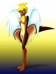 anthro avian barely_visible_genitalia barely_visible_pussy beak bedroom_eyes bird brown_body brown_feathers eliana eyebrows eyelashes eyewear feather_6 feathered_wings feathers feet female genitals glasses half-closed_eyes looking_at_viewer narrowed_eyes nude pose pussy seductive simple_background solo talons toes whitephoenix52 wings yellow_body yellow_feathers
