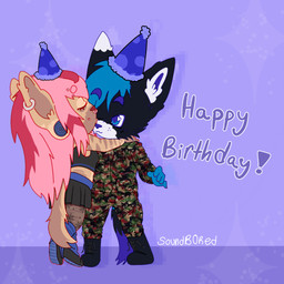 anthro birthday boots chibi clothing duo eyes_closed female footwear happy hug kissing larger_male legwear male male/female military_uniform piercing shoes short size_difference smile stockings tiptoes uniform soundbored sunni_(soundbored) aardwolf canid canine canis domestic_dog husky hyena mammal nordic_sled_dog spitz 1:1 hi_res