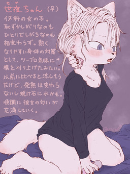 anthro bed_sheet bedding black_nose blue_eyes blush bodily_fluids breath female fur hair kemono kneeling long_sleeve_shirt nipple_outline panting sitting solo sweat sweatdrop text white_body white_fur white_hair buncama seya_(buncama) canid canine mammal 3:4 character_name hi_res japanese_text translation_request